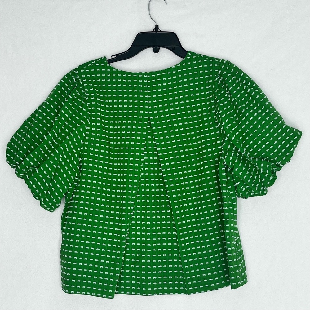 NWT Kate Spade Blouse Textured Polka Dot Bow Front Puff Sleeve Green Top Size L - Picture 5 of 9